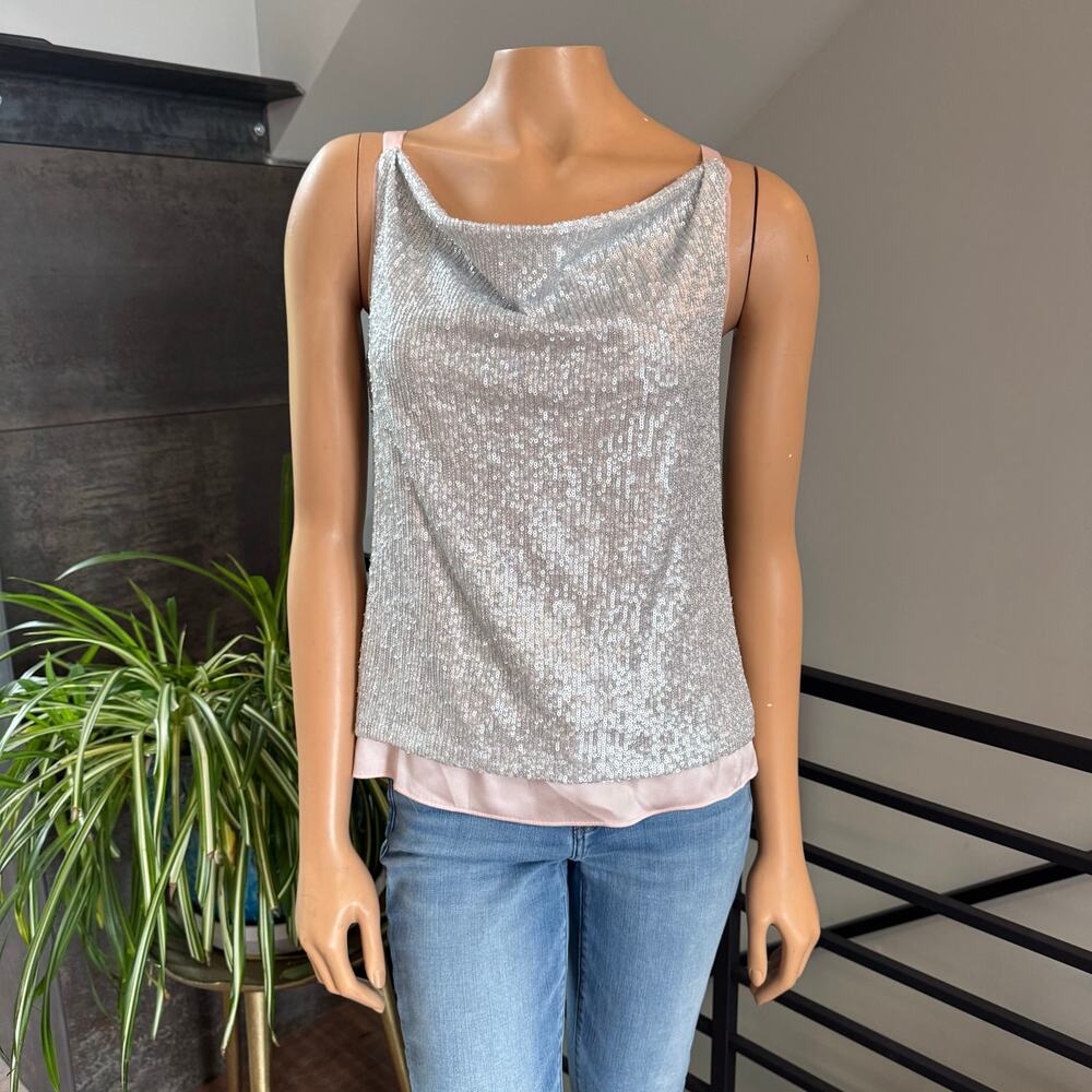 White House Black Market Silver Sequin Cowl Neck Camisole Blouse Pink Trim XS